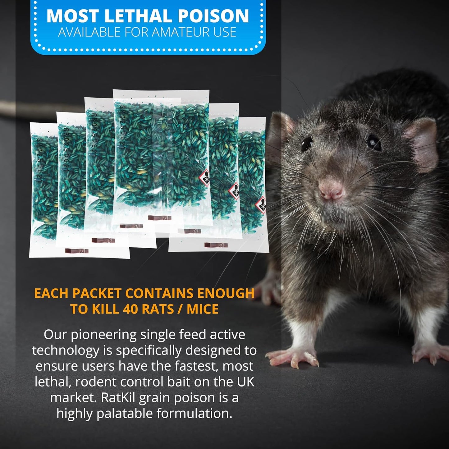 Rat Poison (6 X25G) Rat Bait & Mouse Poison Grain - Strongest Maximum Strength Rodent Killer - Fast Acting, All Weather, Single Feed Bait Sachets