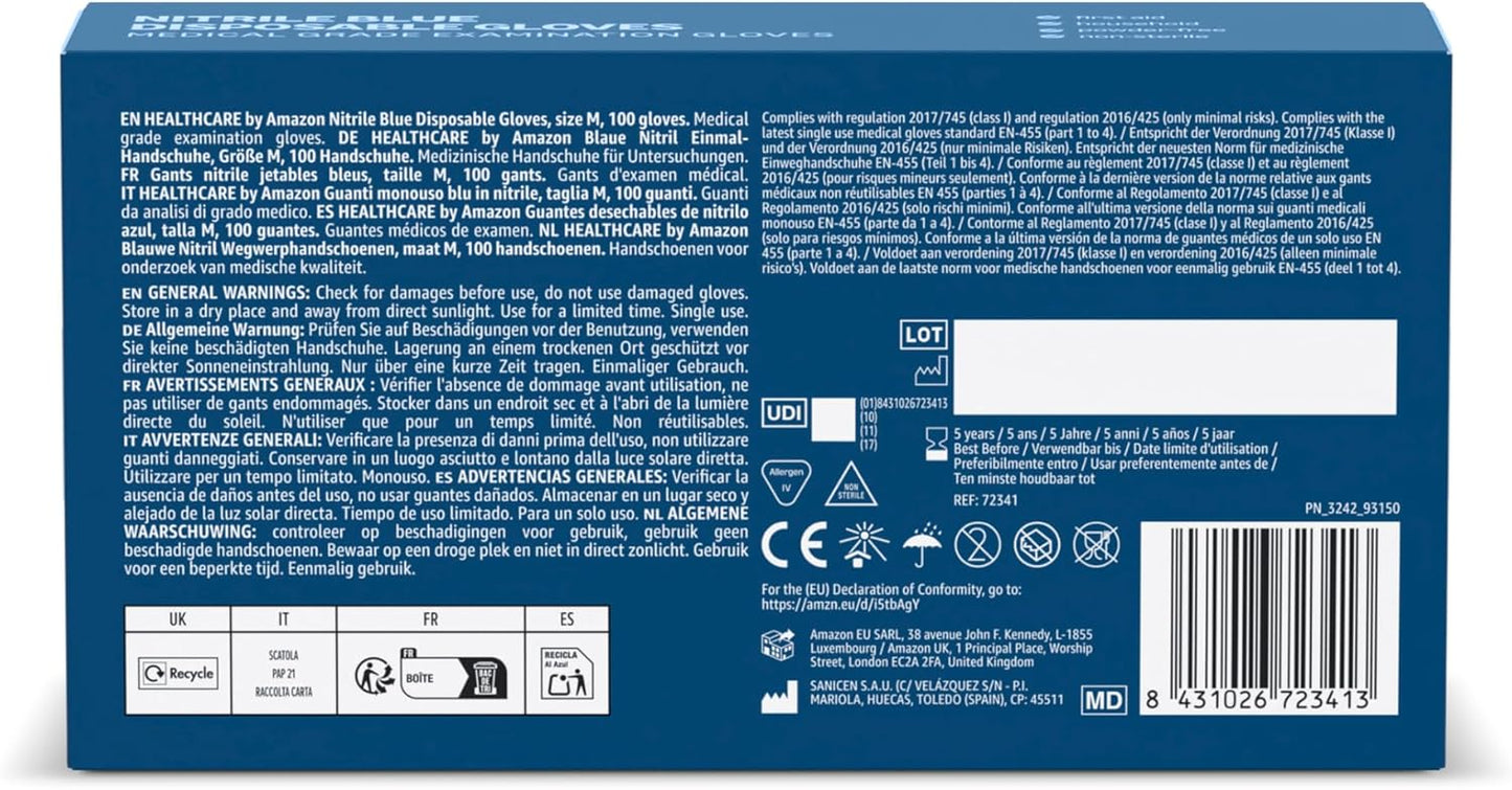 Nitrile Blue Disposable Gloves, Powder-Free, Size M, 100 Count (Previously Hevea Brand)