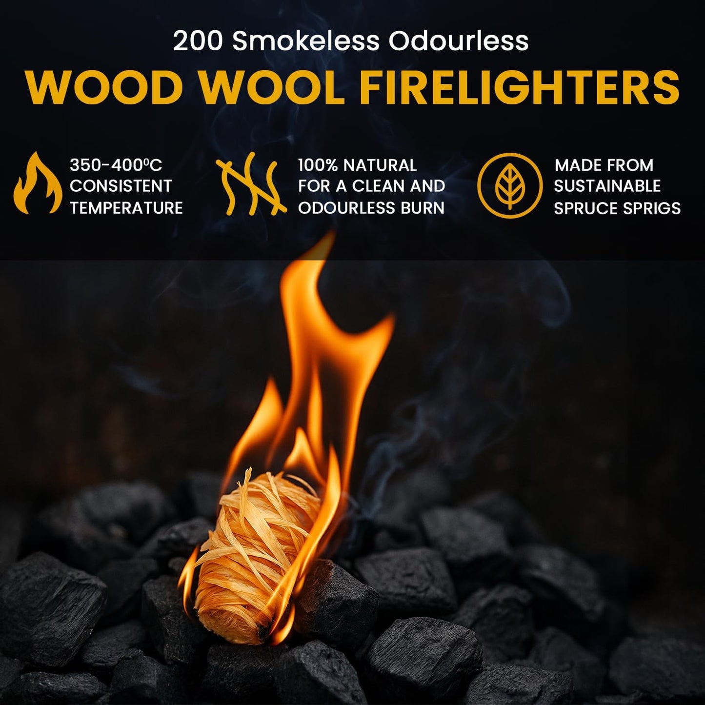200 Firelighters - Natural Firelighters | Fast Lighting & Odourless, Fire Lighters for Wood Burners & BBQ Ovens, Stoves & Fireplaces