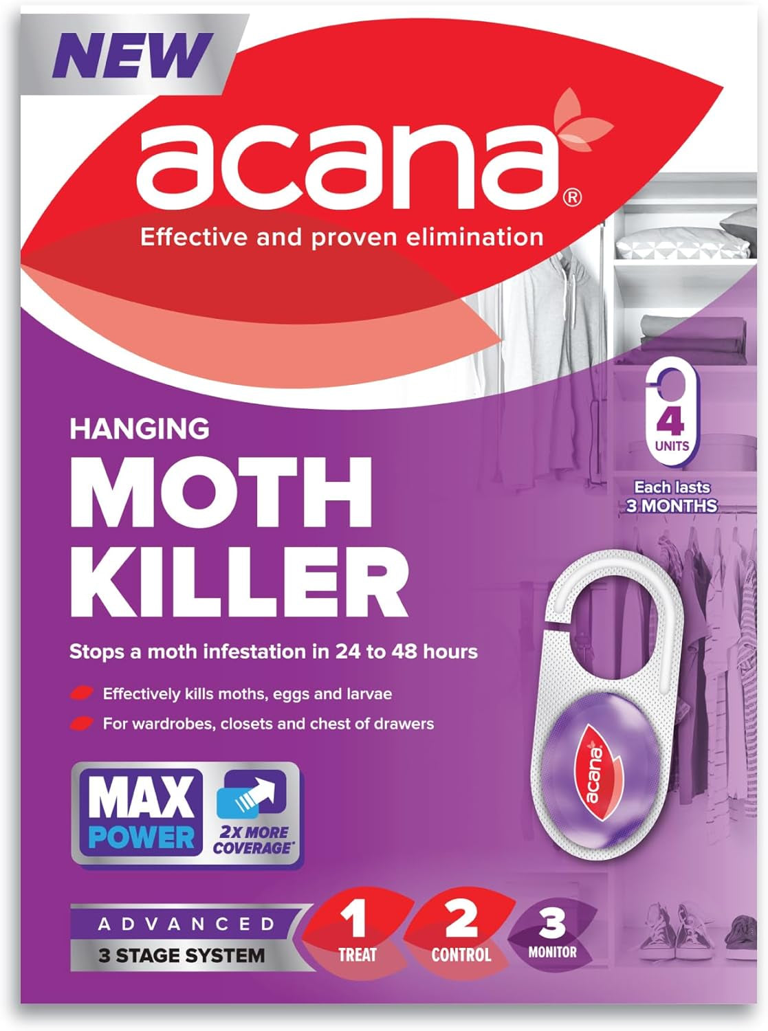 Hanging Moth Killer 4 Pack for Wardrobes - Max Performance - Kills in 24 to 48 Hours - Protects Clothing & Bedding