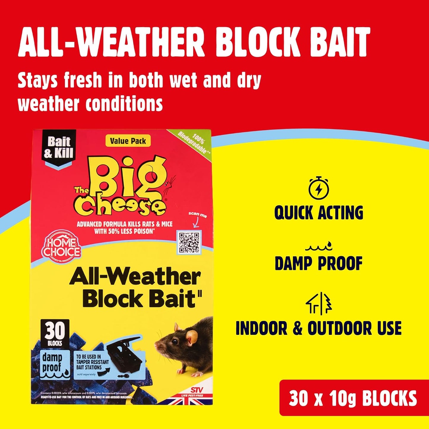 All-Weather Rodent Block - 30 X 10G, for Mice and Rats, Damp-Proof, Weather-Resistant - Super Strength and Highly Effective, Pet Safe, Blue