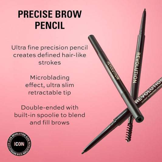 Makeup Revolution Precise Brow Pencil, Double-Ended, Ultra-Fine Pencil Tool, Includes Spoolie, Dark Brown