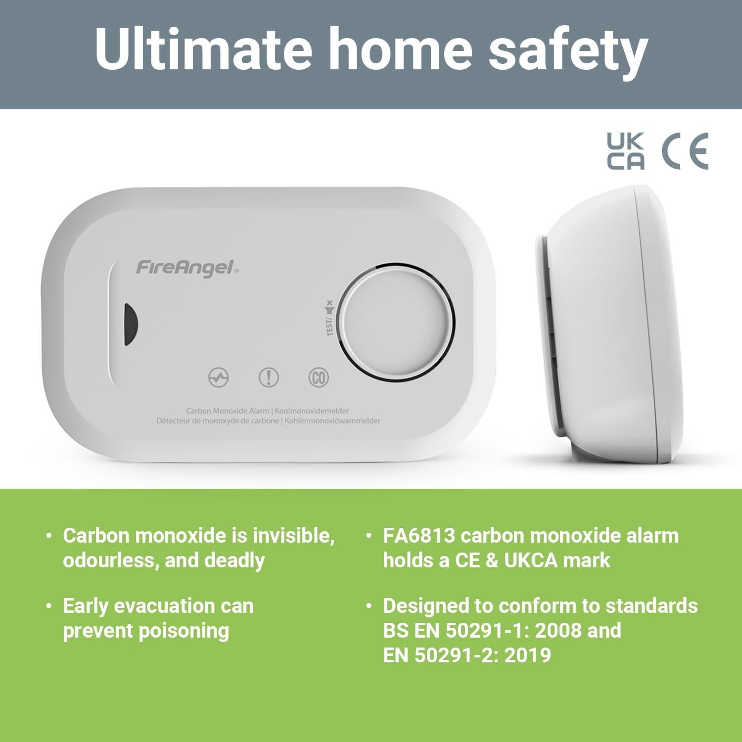Carbon Monoxide Alarm and Detector - FA6813 10-Year Sensor Life CO Alarm for Home with AA Batteries - Travel, Portable Carbon Monoxide Detector - CO Detector Monitor with Test Button, Single