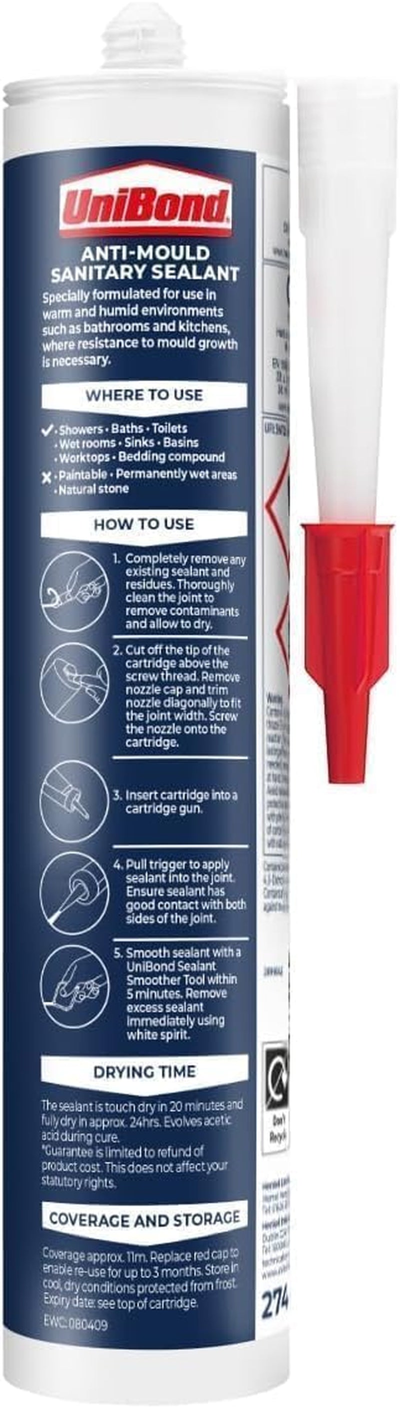 Anti-Mould White, Waterproof Mould Protection, Long-Lasting White Silicone Sealant for Kitchen & Bathroom, Powerful Bath Sealant, 1 X 274G Cartridge