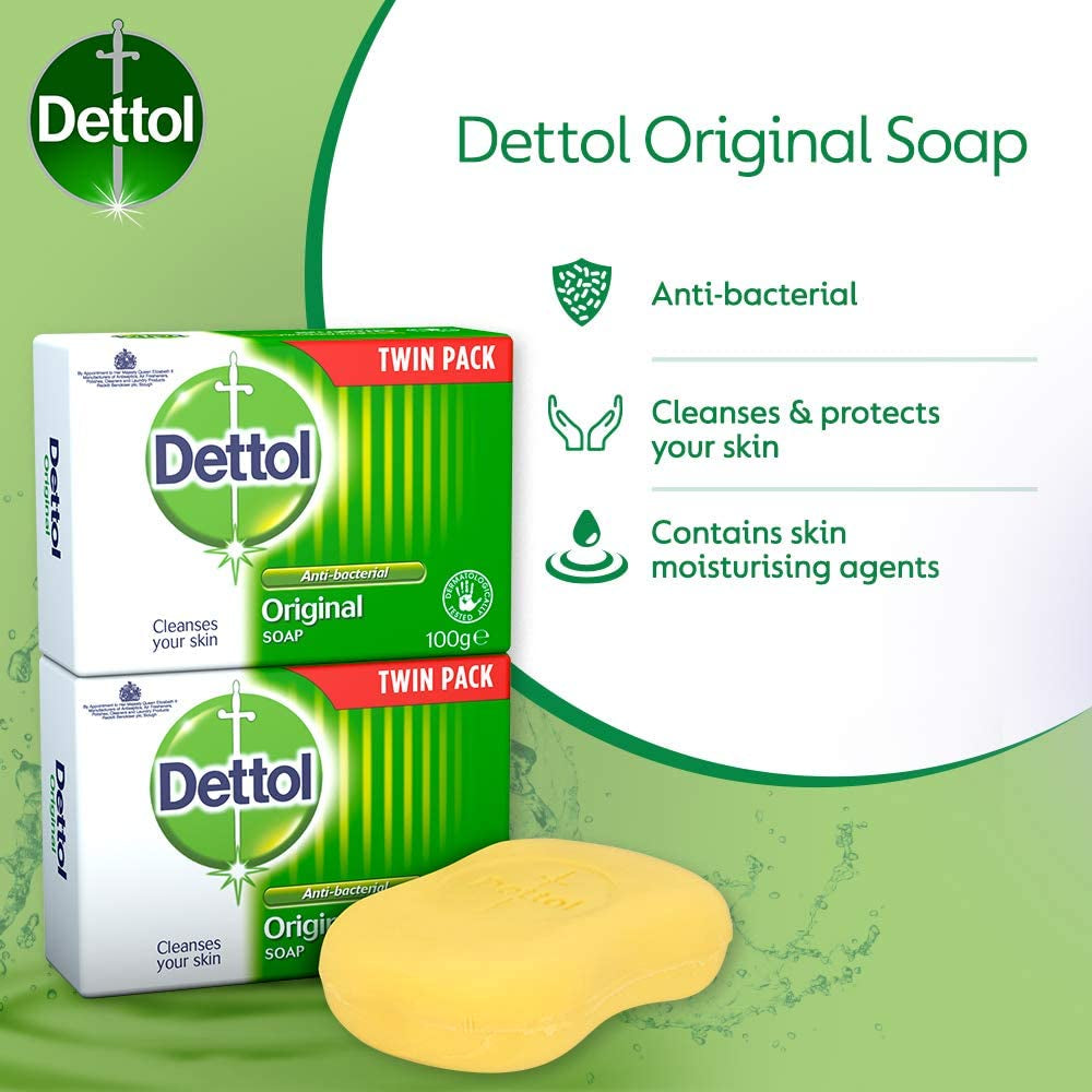Soap, Original Antibacterial Bar, 2 Pack (100G X 2) Disinfectant, Soft on Skin, Tough on Dirt, Suitable for Everyday Use, Contains Skins Moisturising Agents, Kills 99.9 Percent of Bacteria