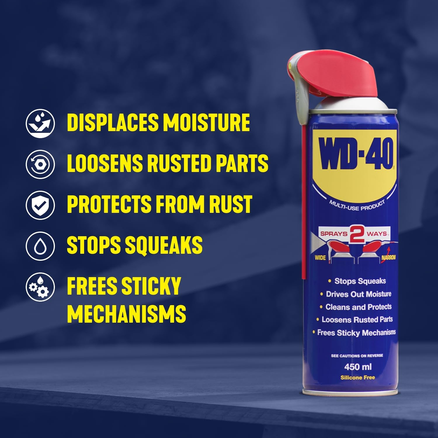 Multi Use Lubricant Spray 450Ml, Wide and Narrow Smart Straw, Multipurpose WD40 Spray Lubricant for Maintenance, Water Displacement, and Rust Protection on Gears, Threads, and Hinges