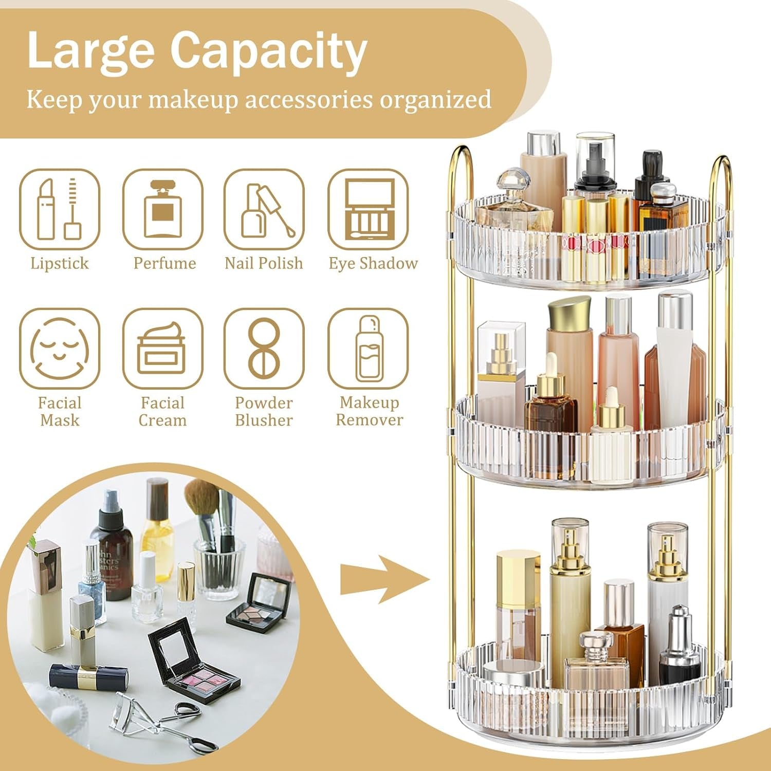 360 Rotating Makeup Organiser, 3 Tiers Spinning Skincare Organiser, Multi-Function Make up Storage, Large Capacity Cosmetic Perfume Stand for Vanity, Bathroom and Bedroom