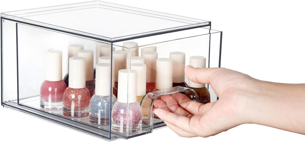 4 Pack Clear Makeup Organiser, Acrylic Small Stackable Storage Drawers, Plastic Storage Box for Vanity, Bathroom, under Sink, Kitchen Cupboard, Pantry, Home Organization