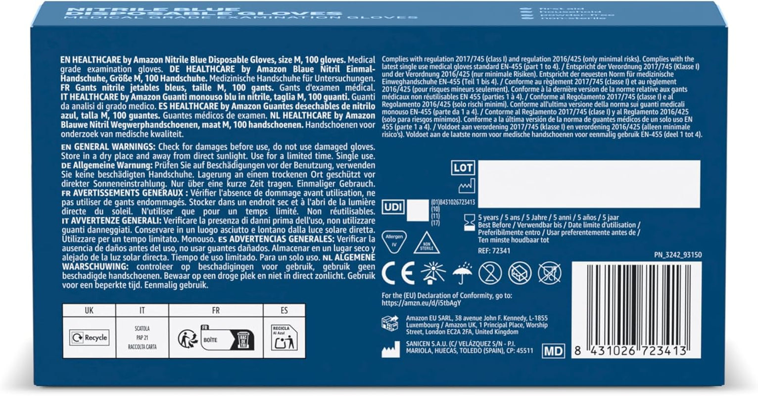 Nitrile Blue Disposable Gloves, Powder-Free, Size M, 100 Count (Previously Hevea Brand)