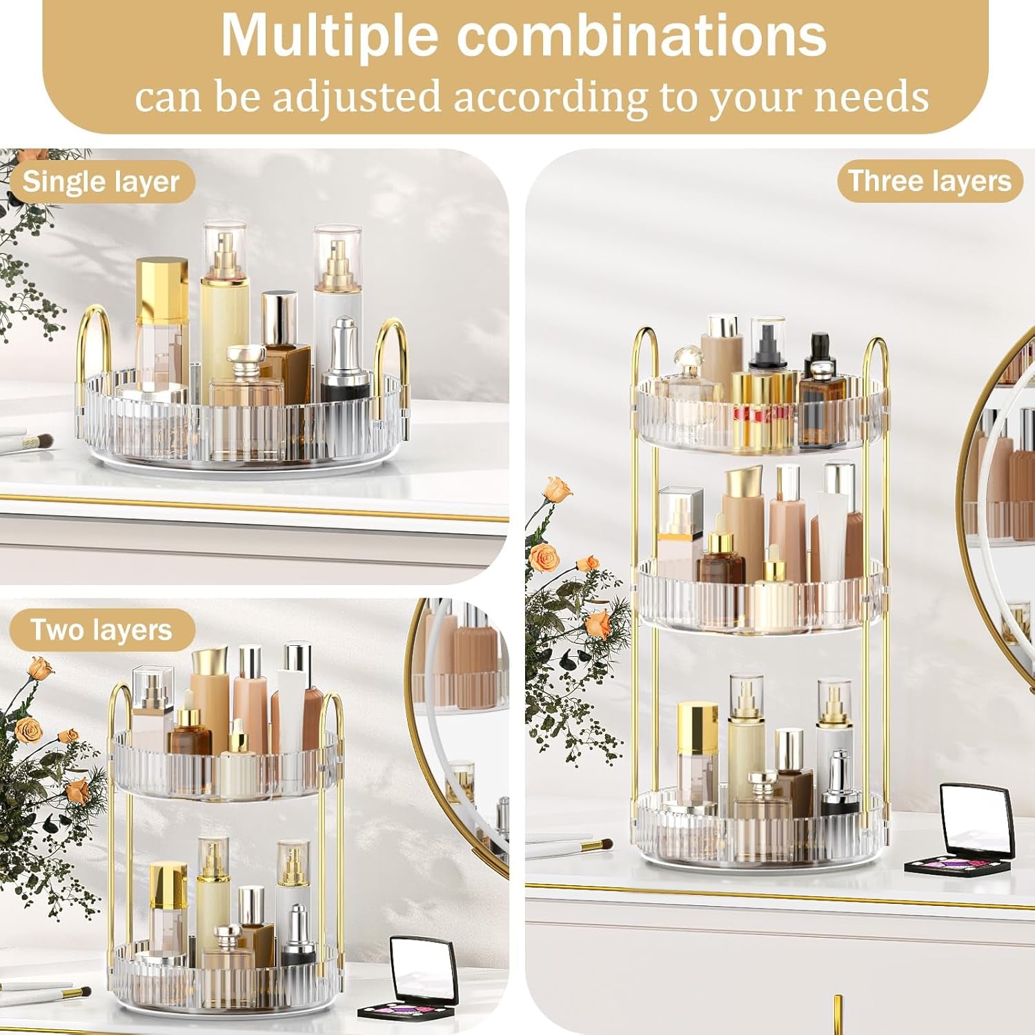 360 Rotating Makeup Organiser, 3 Tiers Spinning Skincare Organiser, Multi-Function Make up Storage, Large Capacity Cosmetic Perfume Stand for Vanity, Bathroom and Bedroom