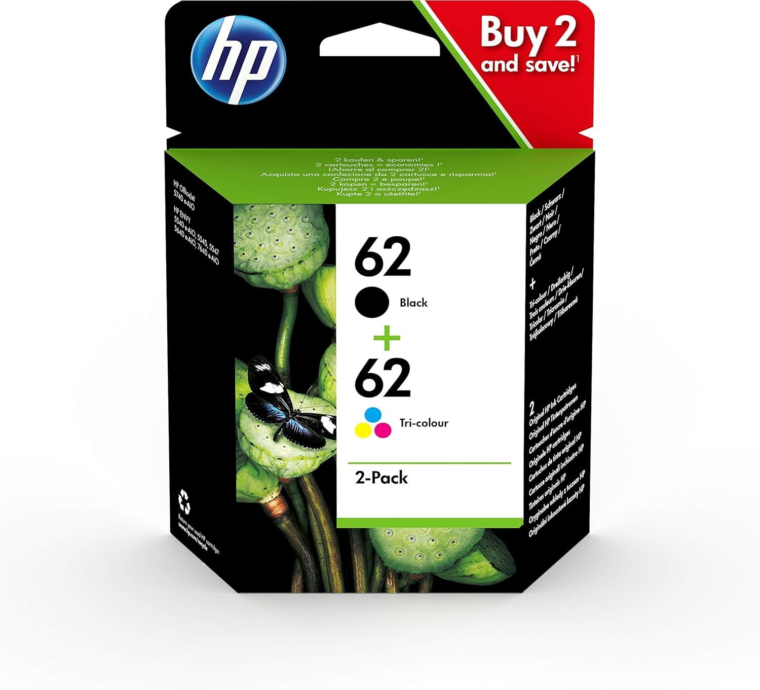 N9J71AE 62 Original Ink Cartridges, Black and Tri-Color, Multipack, 2 Count (Pack of 1)
