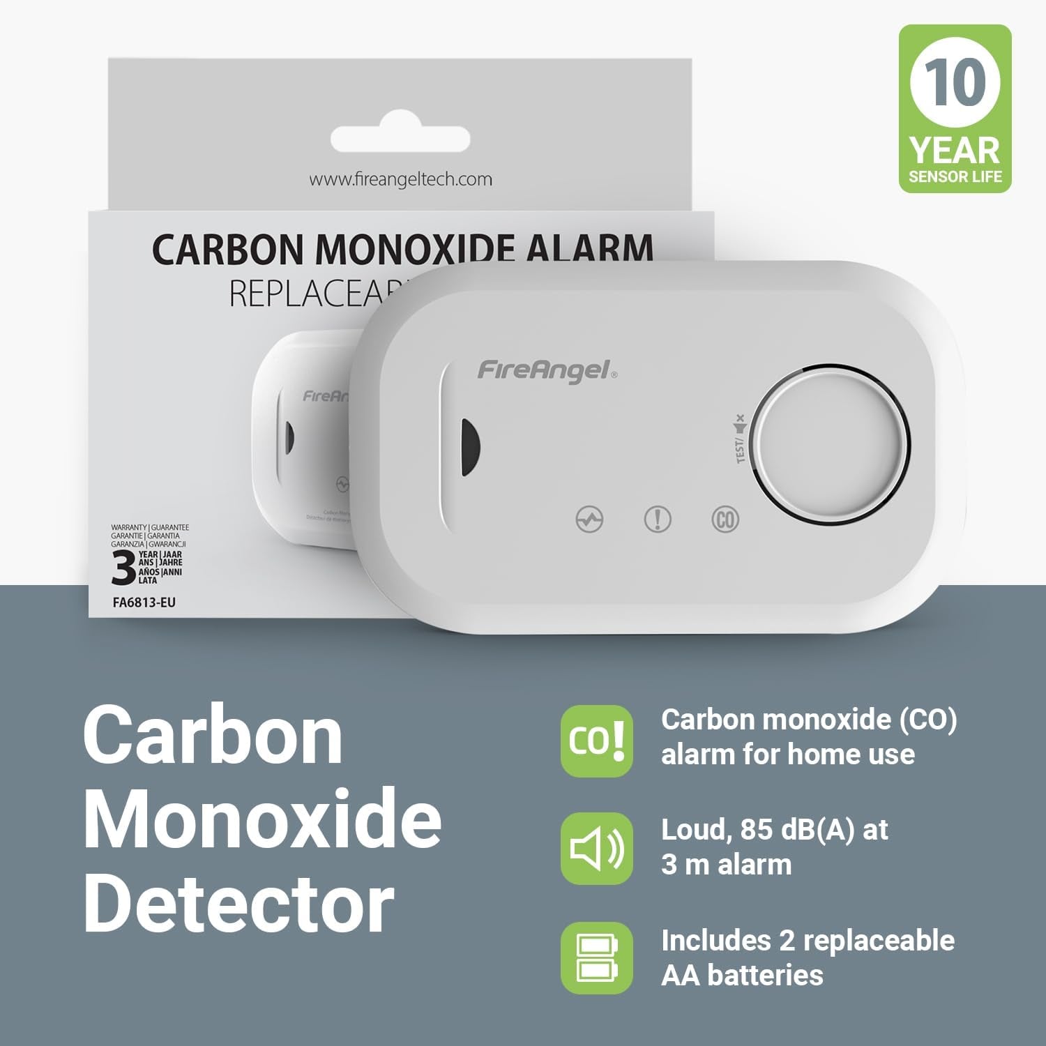 Carbon Monoxide Alarm and Detector - FA6813 10-Year Sensor Life CO Alarm for Home with AA Batteries - Travel, Portable Carbon Monoxide Detector - CO Detector Monitor with Test Button, Single