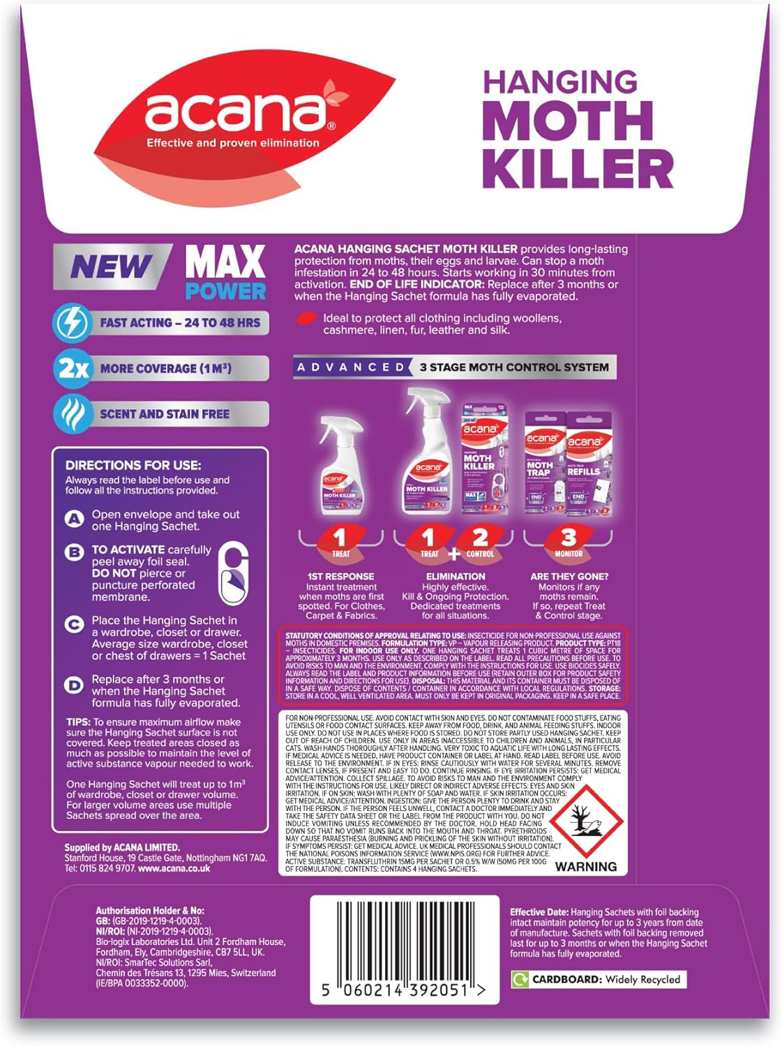 Hanging Moth Killer 4 Pack for Wardrobes - Max Performance - Kills in 24 to 48 Hours - Protects Clothing & Bedding