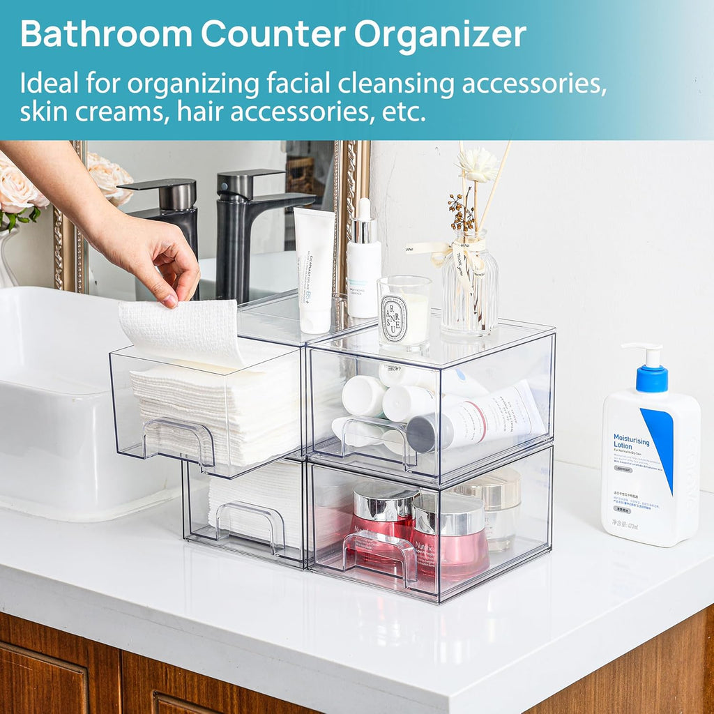 4 Pack Clear Makeup Organiser, Acrylic Small Stackable Storage Drawers, Plastic Storage Box for Vanity, Bathroom, under Sink, Kitchen Cupboard, Pantry, Home Organization