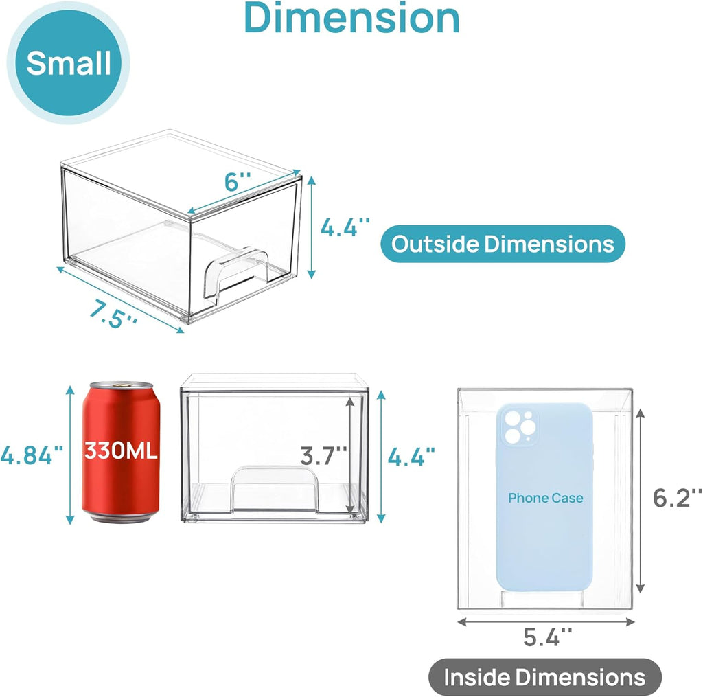 4 Pack Clear Makeup Organiser, Acrylic Small Stackable Storage Drawers, Plastic Storage Box for Vanity, Bathroom, under Sink, Kitchen Cupboard, Pantry, Home Organization