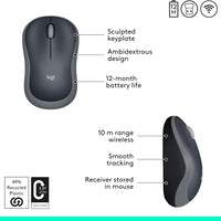 M185 Wireless Mouse, 2.4Ghz with USB Mini Receiver, 12-Month Battery Life, 1000 DPI Optical Tracking, Ambidextrous, Compatible with PC, Mac, Laptop - Grey