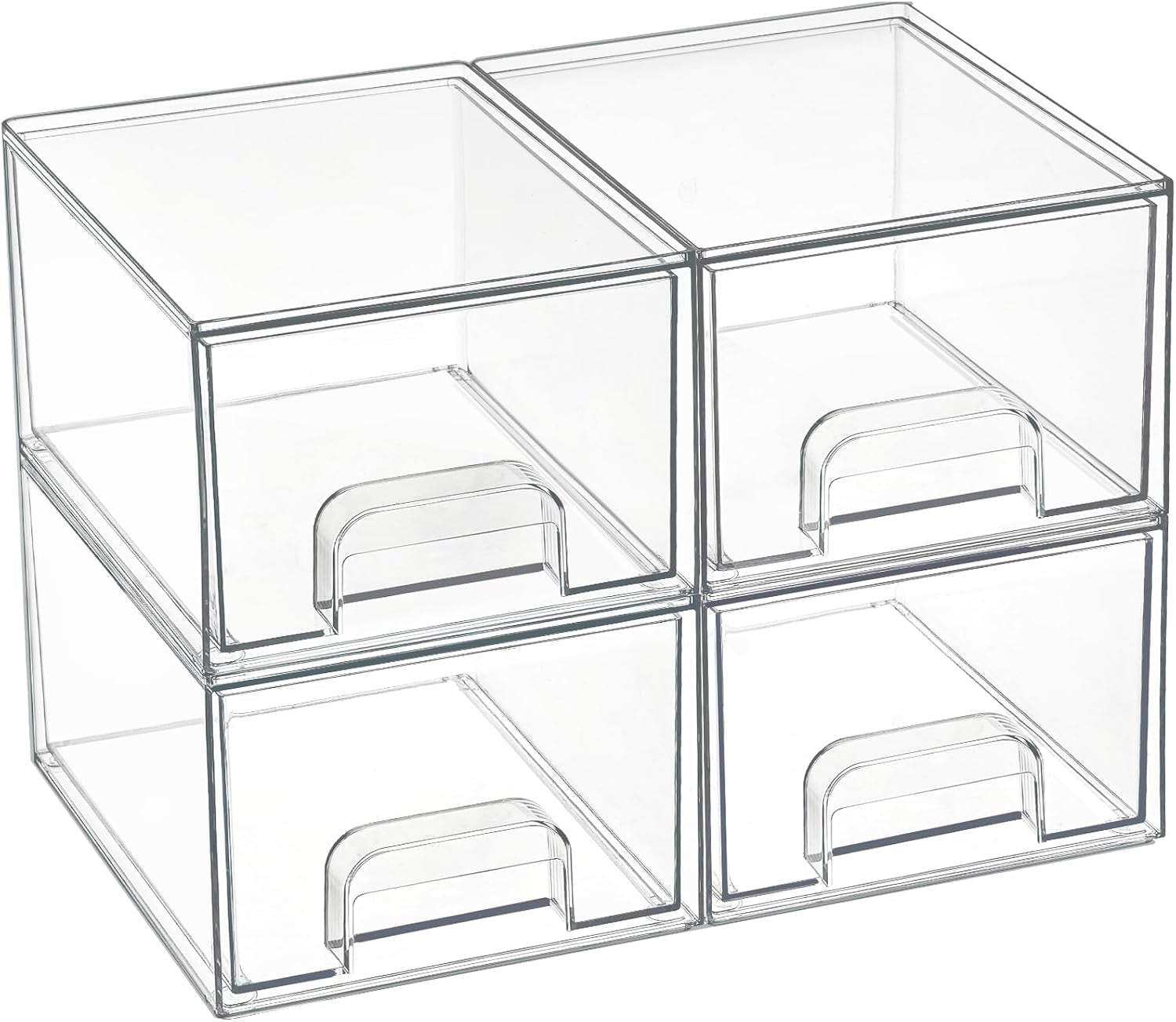 4 Pack Clear Makeup Organiser, Acrylic Small Stackable Storage Drawers, Plastic Storage Box for Vanity, Bathroom, under Sink, Kitchen Cupboard, Pantry, Home Organization