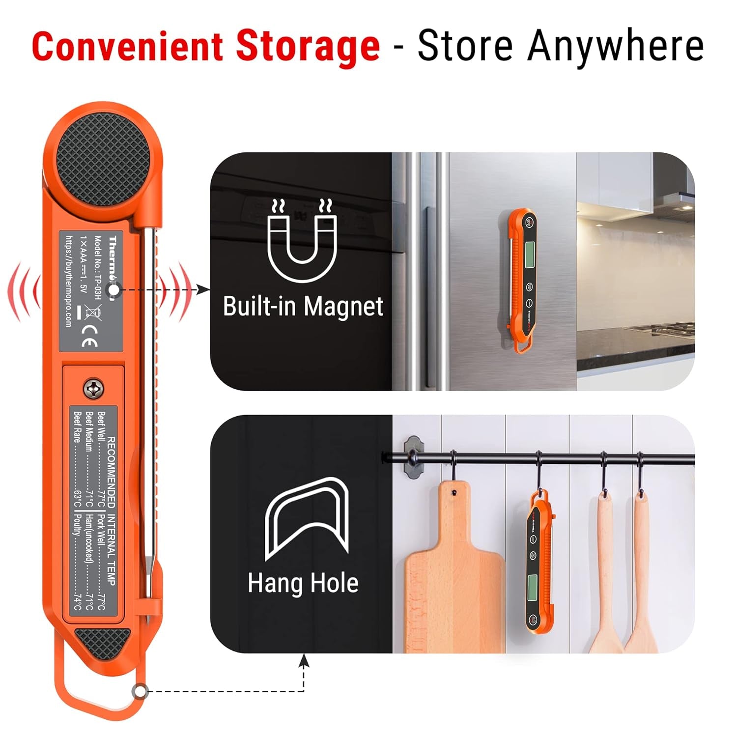 TP03H Meat Thermometer with IPX6 Waterproof, Food Thermometer Foldable Food Temperature Probe with LCD Backlight Calibration Lock Fuction, Kitchen Digital Instant Read Probe for Oil Jam Milk