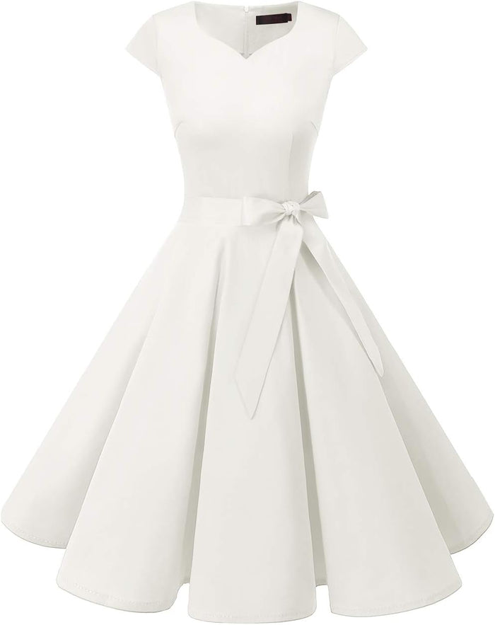 Women'S Vintage Tea Dress Prom Swing Cocktail Party Dress with Cap-Sleeves