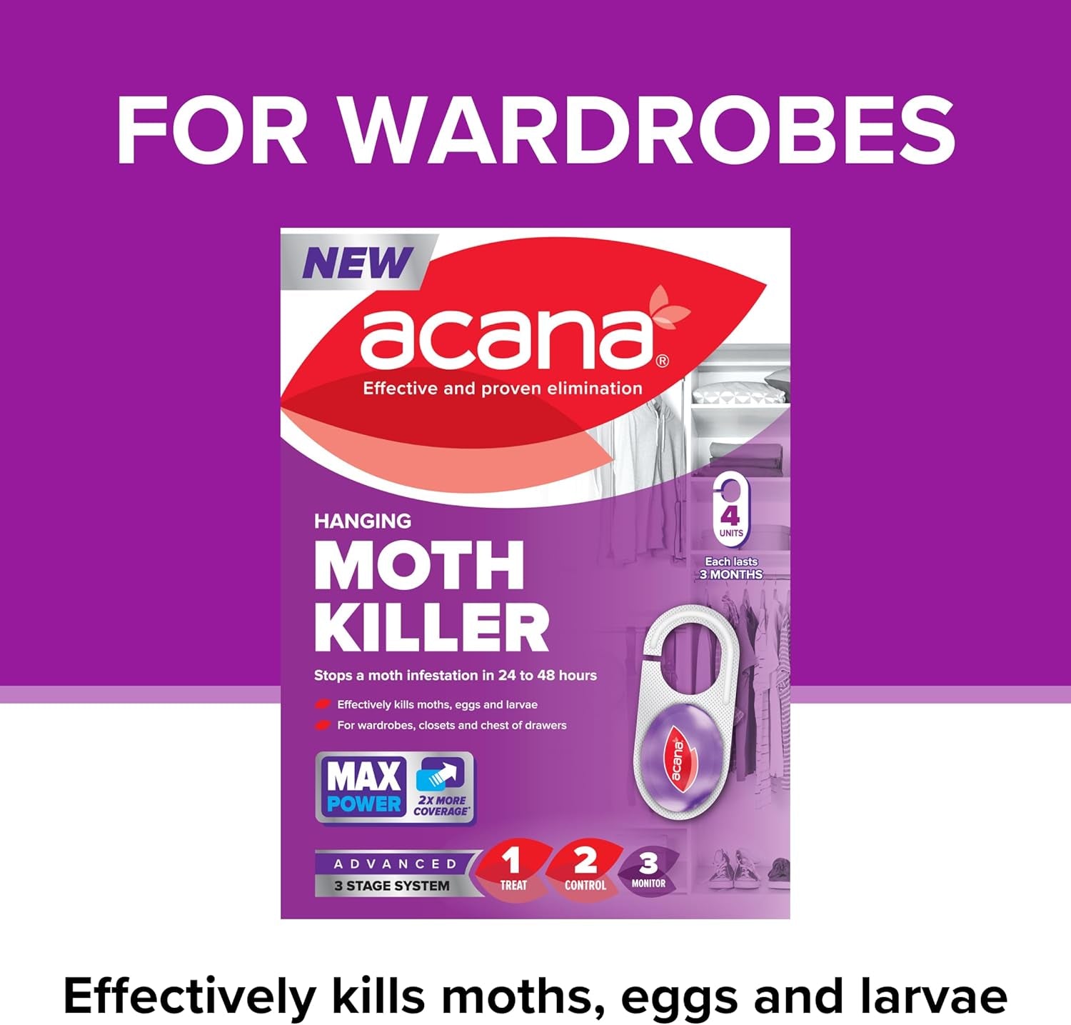 Hanging Moth Killer 4 Pack for Wardrobes - Max Performance - Kills in 24 to 48 Hours - Protects Clothing & Bedding