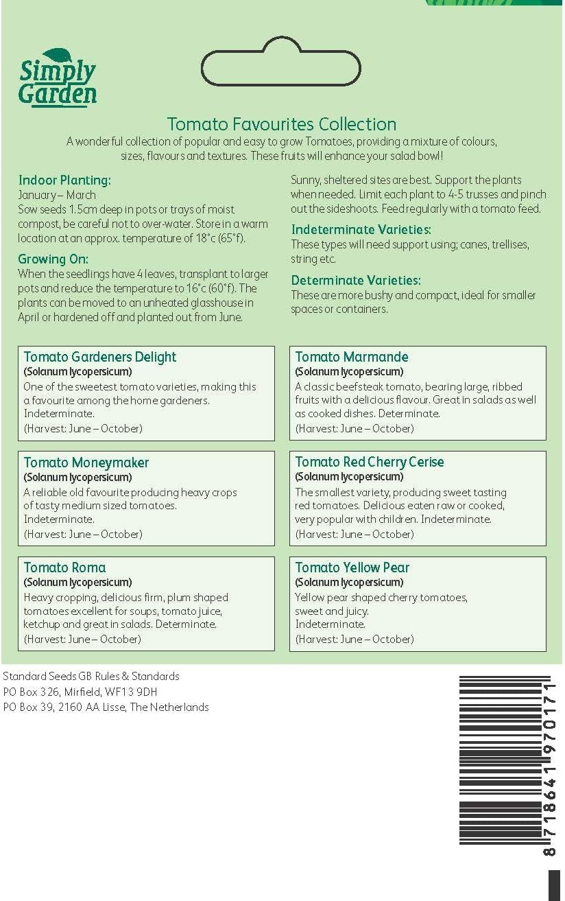 Tomato Seed Pack 6-In-1 – Gardeners Delight, Marmande, Moneymaker, Cherry Cerise, Roma & Yellow Pear – Easy-To-Grow Vegetable Seeds for Garden, Patio & Greenhouse