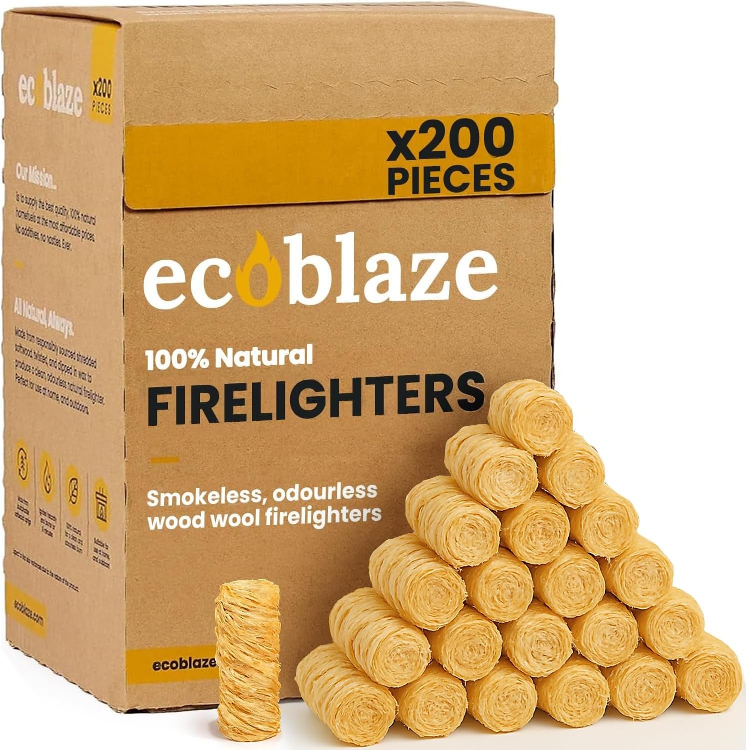 200 Firelighters -  Natural Firelighters | Fast Lighting & Odourless, Fire Lighters for Wood Burners & BBQ Ovens, Stoves & Fireplaces