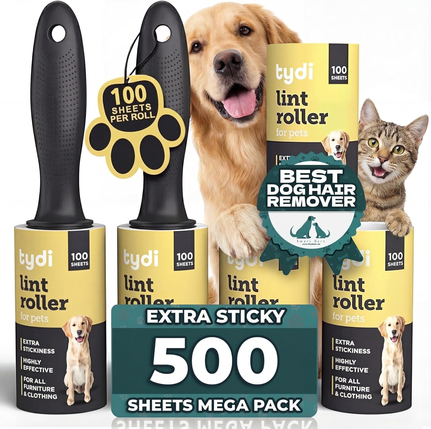 Pet Lint Rollers - 500 Sheets of Lint Roller Refills & 2 Handles - 100 Sheets per Sticky Clothes Roller - Lint Rollers for Pet Hair - Reusable Lint Roller for Clothes - Fluff Remover for Clothes