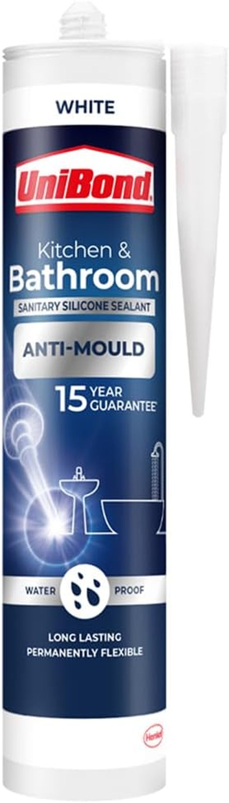 Anti-Mould White, Waterproof Mould Protection, Long-Lasting White Silicone Sealant for Kitchen & Bathroom, Powerful Bath Sealant, 1 X 274G Cartridge