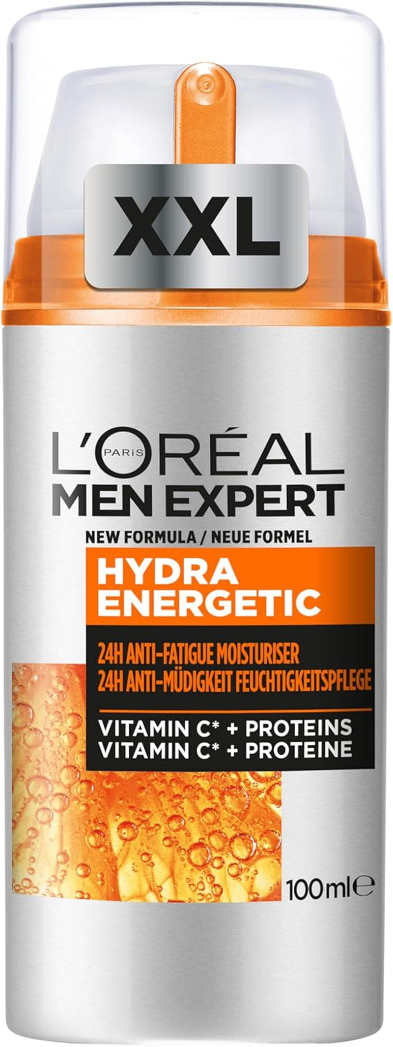 Men Expert Hydra Energetic XXL Moisturiser, 24H Anti-Fatigue Hydration, Energises Men'S Skin, Fighting Signs of Fatigue with Vit C & Protein, Fast-Absorbing Even on Beards, 100Ml