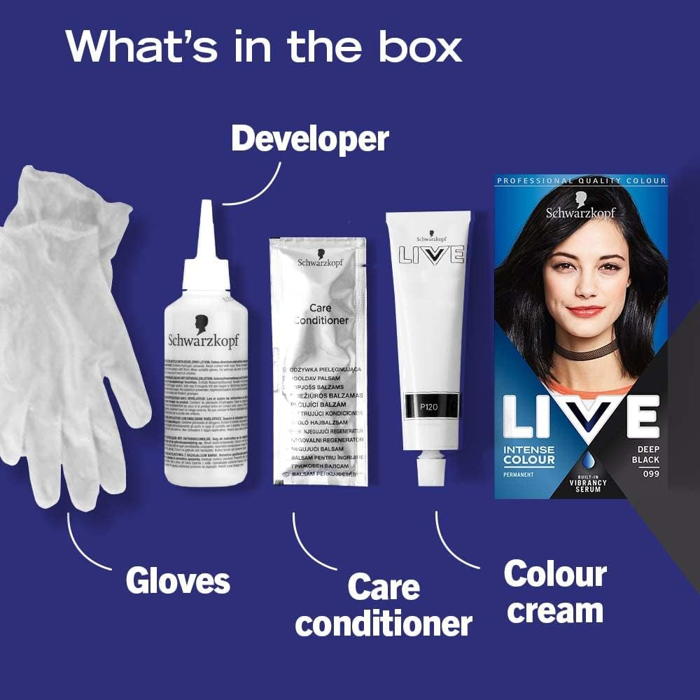 Schwarzkopf  Intense Colour, Long Lasting Permanent Black Hair Dye, with Built-In Vibrancy Serum, up to 100% Grey Coverage- Deep Black 099