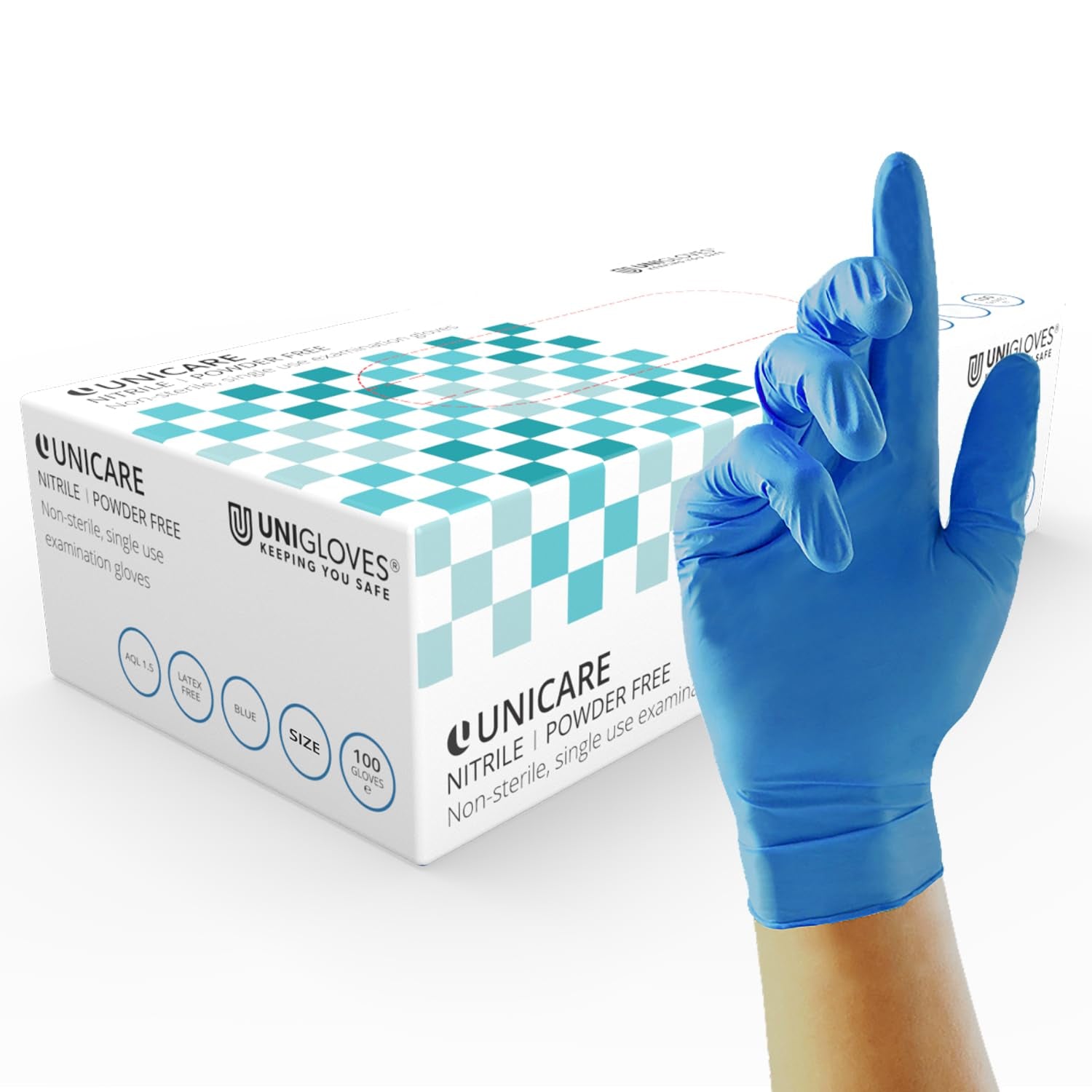 Unicare Nitrile Examination Disposable Gloves - Multipurpose, Powder Free, Medical Gloves - Box of 100 Gloves, Blue, Medium (GS0033)