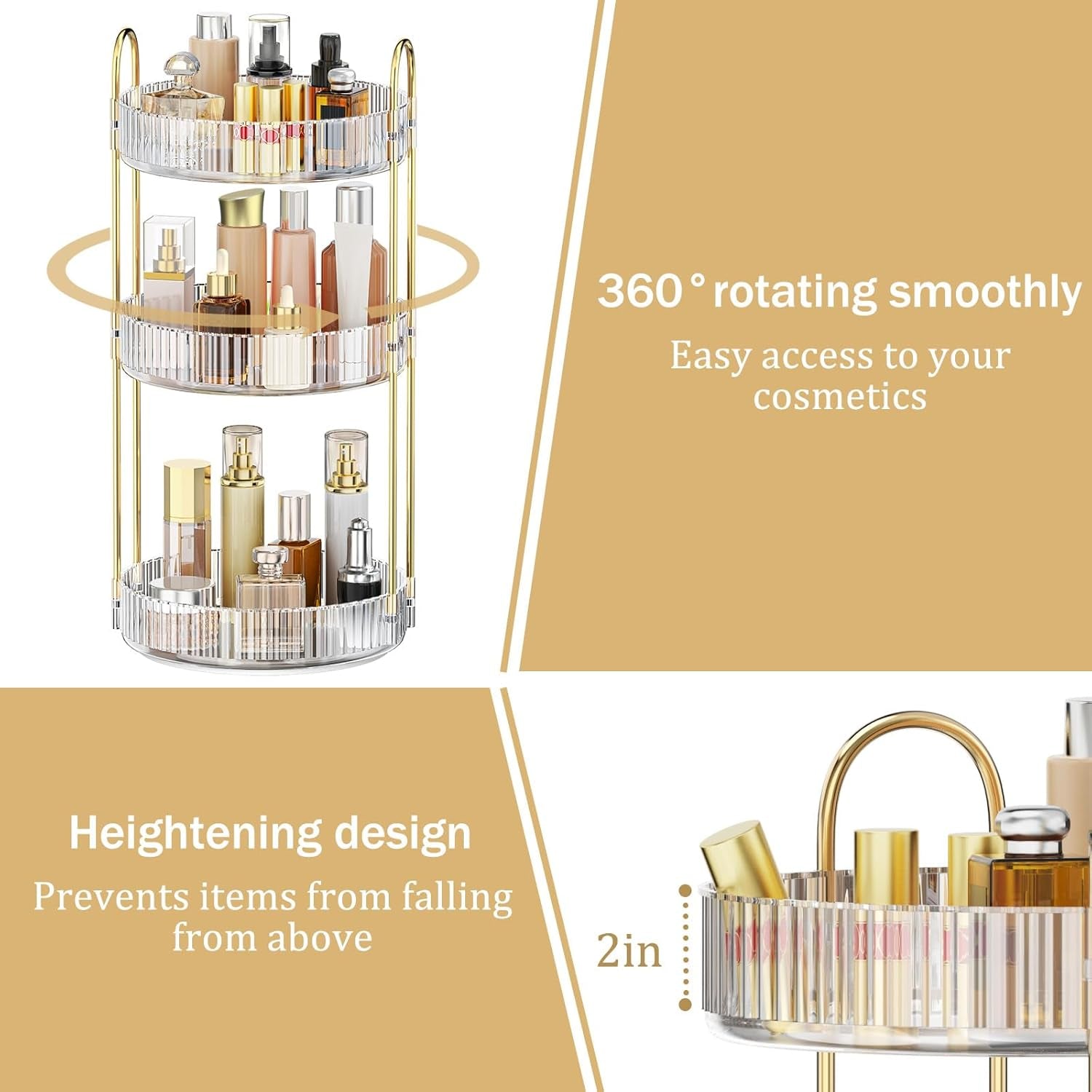 360 Rotating Makeup Organiser, 3 Tiers Spinning Skincare Organiser, Multi-Function Make up Storage, Large Capacity Cosmetic Perfume Stand for Vanity, Bathroom and Bedroom