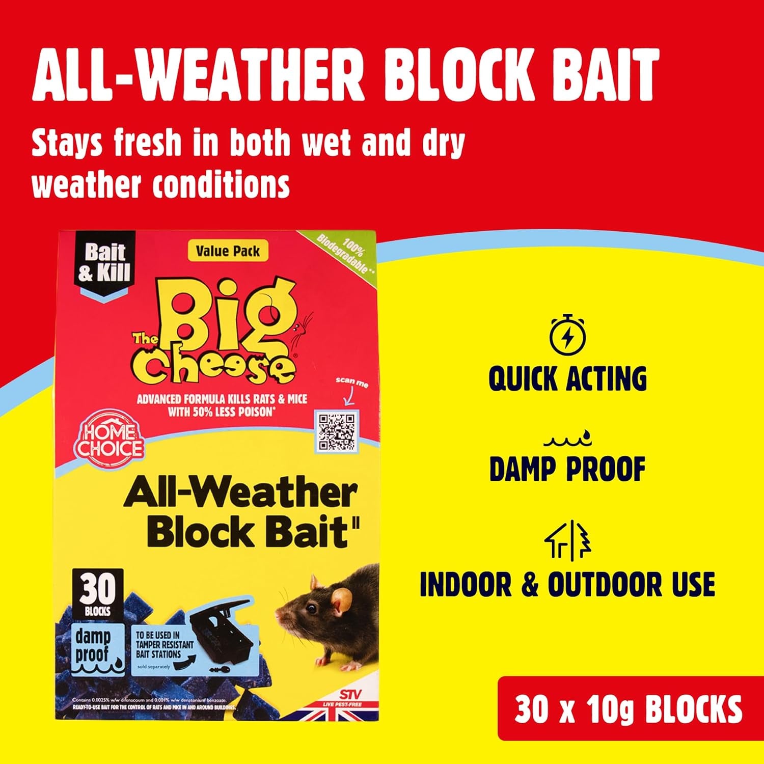 All-Weather Rodent Block - 30 X 10G, for Mice and Rats, Damp-Proof, Weather-Resistant - Super Strength and Highly Effective, Pet Safe, Blue