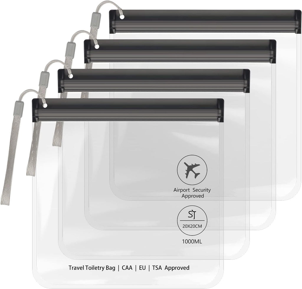 4PC Airport Security Liquids Bags 20X20 Cm Clear TSA Approved Security Toiletry Bag Approved Hand Luggage Regulations Waterproof Liquids Wash Bags Travel Accessorie Holiday Essentials for Women/Men