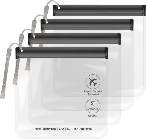 4PC Airport Security Liquids Bags 20X20 Cm Clear TSA Approved Security Toiletry Bag Approved Hand Luggage Regulations Waterproof Liquids Wash Bags Travel Accessorie Holiday Essentials for Women/Men