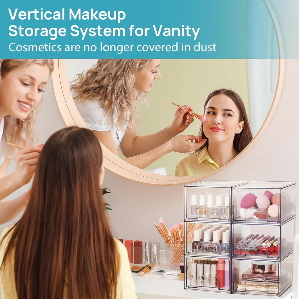 4 Pack Clear Makeup Organiser, Acrylic Small Stackable Storage Drawers, Plastic Storage Box for Vanity, Bathroom, under Sink, Kitchen Cupboard, Pantry, Home Organization