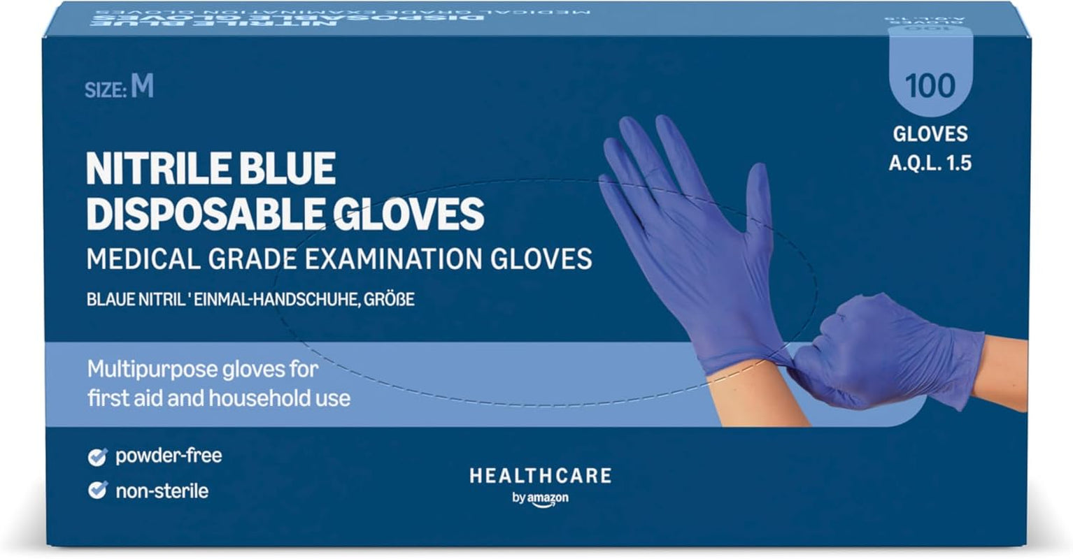 Nitrile Blue Disposable Gloves, Powder-Free, Size M, 100 Count (Previously Hevea Brand)