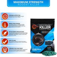 Rat Poison (6 X25G) Rat Bait & Mouse Poison Grain - Strongest Maximum Strength Rodent Killer - Fast Acting, All Weather, Single Feed Bait Sachets