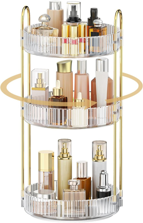 360 Rotating Makeup Organiser, 3 Tiers Spinning Skincare Organiser, Multi-Function Make up Storage, Large Capacity Cosmetic Perfume Stand for Vanity, Bathroom and Bedroom