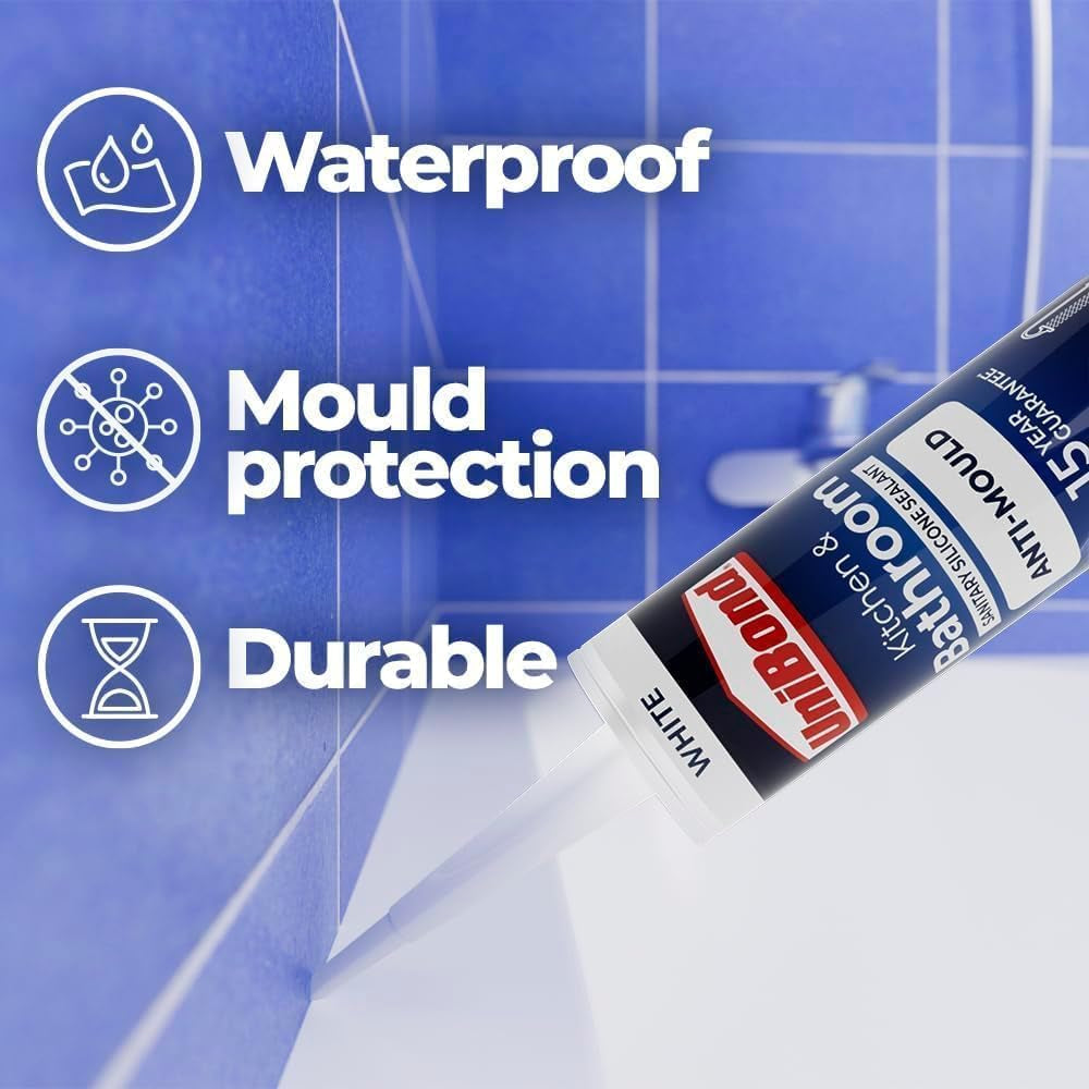 Anti-Mould White, Waterproof Mould Protection, Long-Lasting White Silicone Sealant for Kitchen & Bathroom, Powerful Bath Sealant, 1 X 274G Cartridge