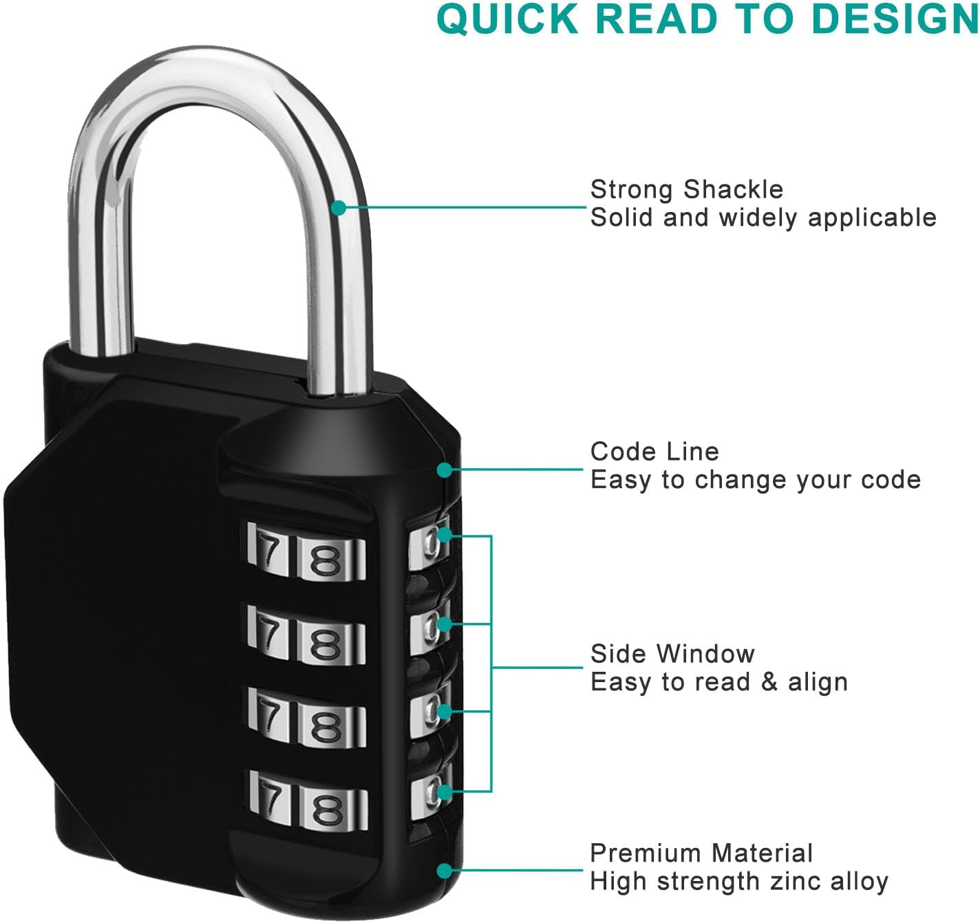 Combination Locker Padlock, 4 Digit Coded Padlock, Gym Lock, School Locker Lock, Weatherproof Combination Lock Outdoor (Black)