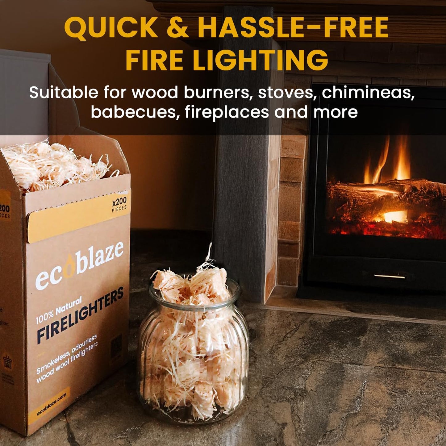 200 Firelighters -  Natural Firelighters | Fast Lighting & Odourless, Fire Lighters for Wood Burners & BBQ Ovens, Stoves & Fireplaces
