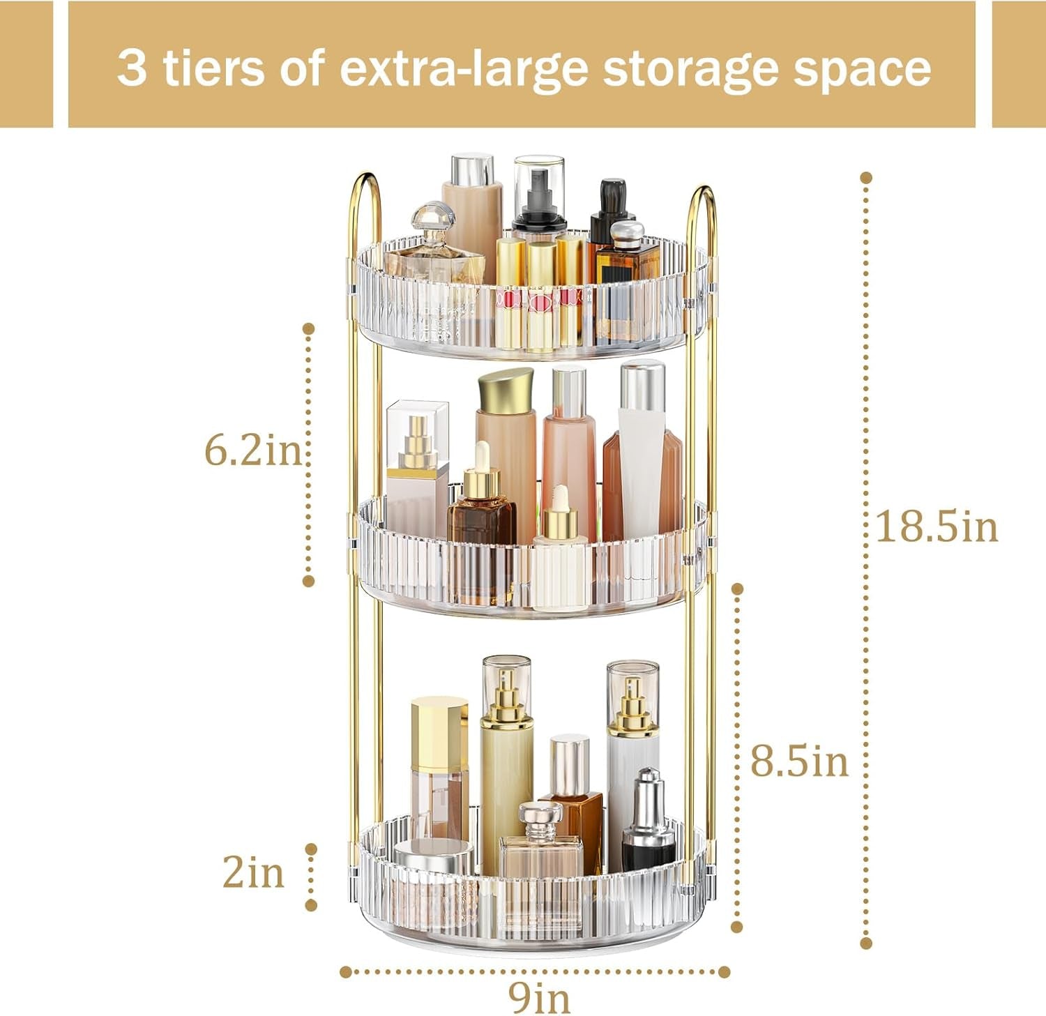 360 Rotating Makeup Organiser, 3 Tiers Spinning Skincare Organiser, Multi-Function Make up Storage, Large Capacity Cosmetic Perfume Stand for Vanity, Bathroom and Bedroom