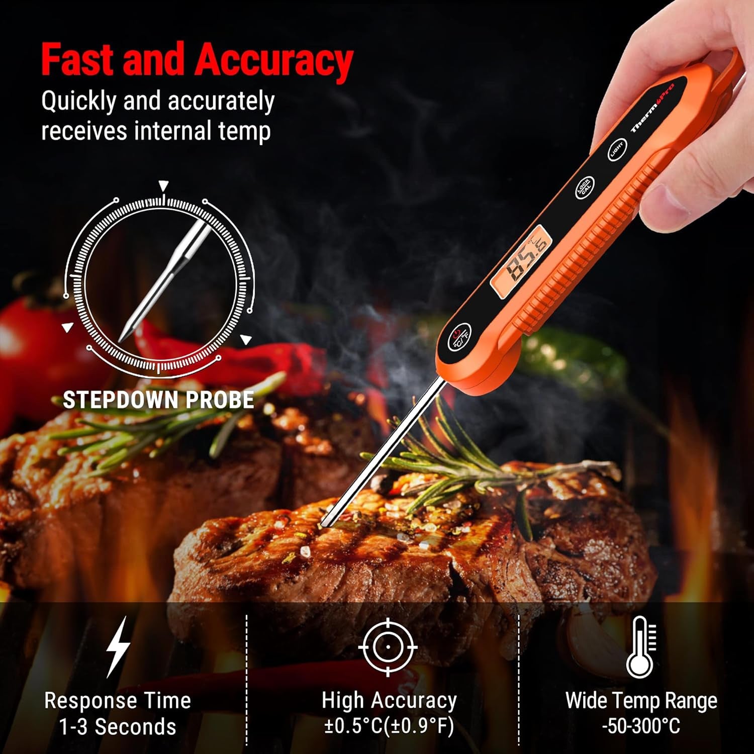 TP03H Meat Thermometer with IPX6 Waterproof, Food Thermometer Foldable Food Temperature Probe with LCD Backlight Calibration Lock Fuction, Kitchen Digital Instant Read Probe for Oil Jam Milk