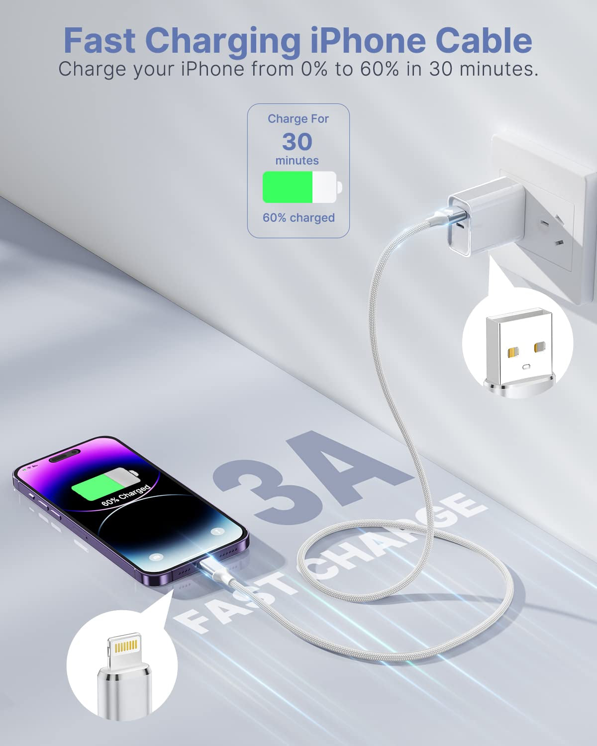 Iphone Charger Cable 2M, Mfi Certified Lightning Cable Fast Charging Iphone Charger Nylon USB Iphone Charging Cable Lead for Iphone 14 13 12 11 Pro Max XS XR X 8 7 6 plus 5 Se,Ipad