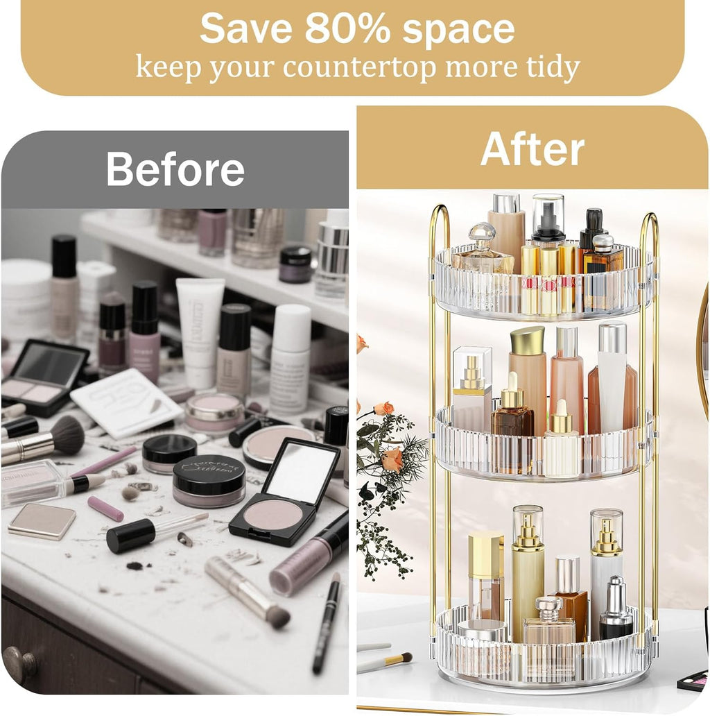 360 Rotating Makeup Organiser, 3 Tiers Spinning Skincare Organiser, Multi-Function Make up Storage, Large Capacity Cosmetic Perfume Stand for Vanity, Bathroom and Bedroom