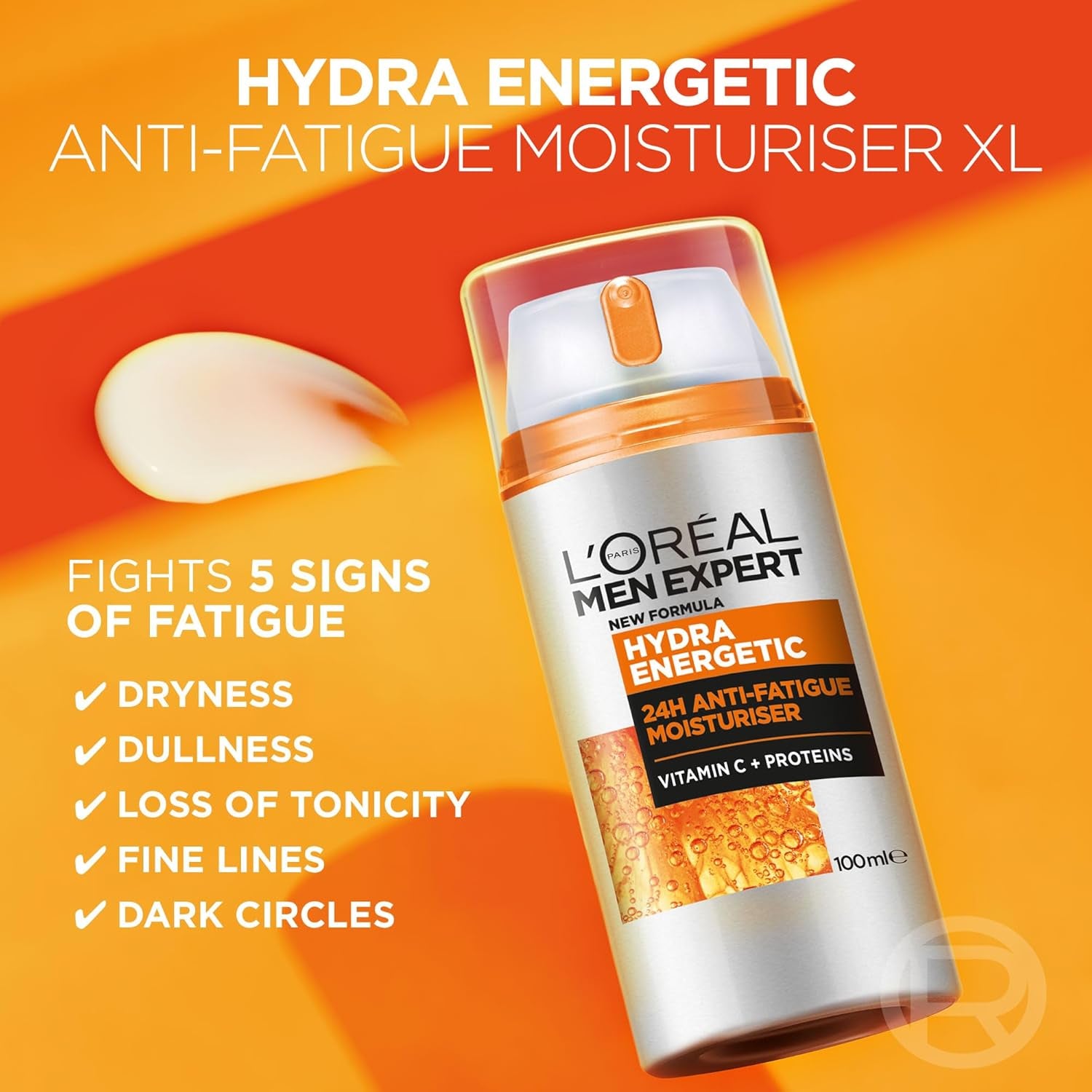 Men Expert Hydra Energetic XXL Moisturiser, 24H Anti-Fatigue Hydration, Energises Men'S Skin, Fighting Signs of Fatigue with Vit C & Protein, Fast-Absorbing Even on Beards, 100Ml