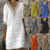 Women’s V Neck Cotton Linen Dress Ladies Holiday Casual Baggy Dresses Plus Sizes