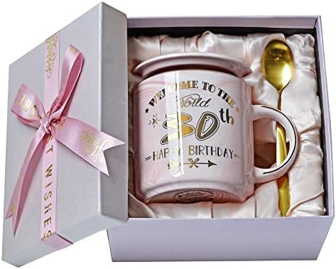 ALBISS 30th Birthday Gifts for Women, 14oz Pink Happy 30th Birthday Mug Printed with Gold, Ceramic Cup with Golden Spoon, Lid, Greeting Card, 1993 Bday Gifts for Turn 30 Years Old Her, Nice Gift Boxed