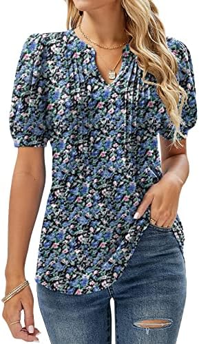 EFFAN Womens V Neck Tops Puff Short Sleeve T-Shirt Pleated Floral Printed Tunic Blouse Shirts